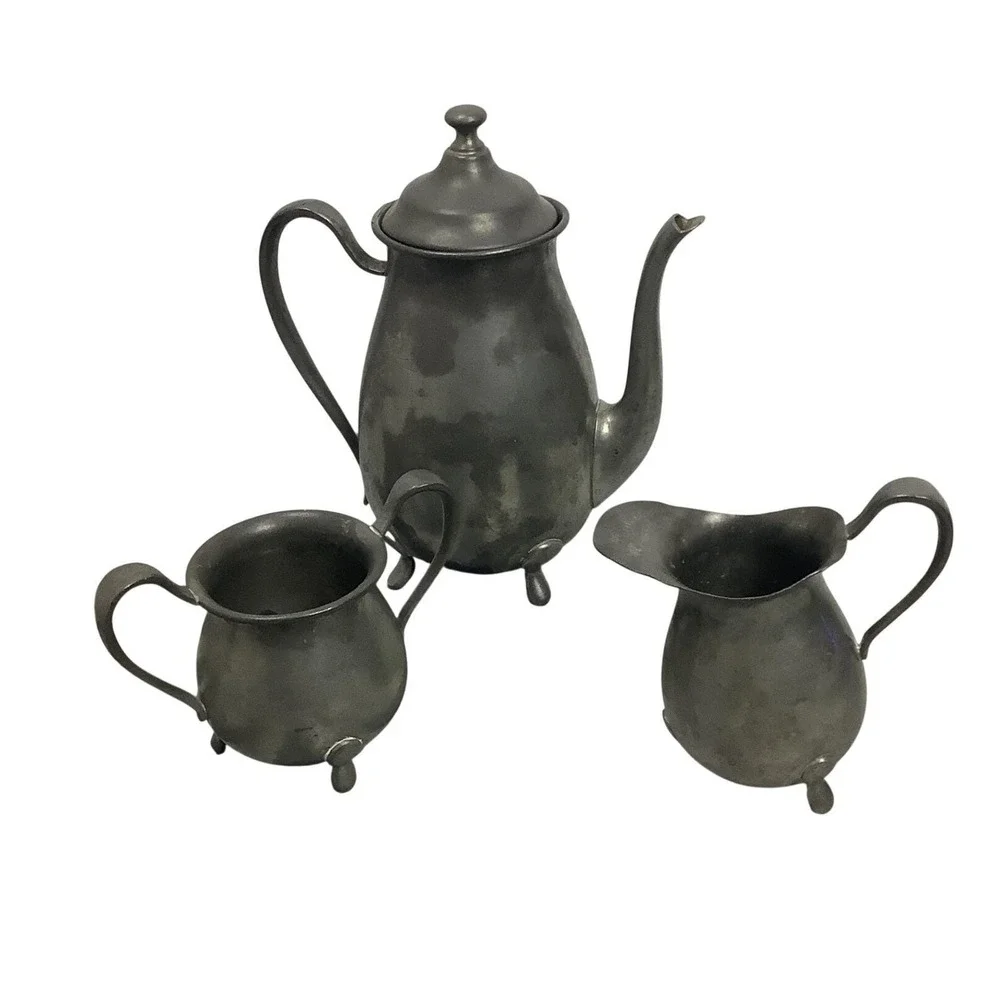 Vintage Pewter Tea Set Footed Teapot Creamer Sugar Bowl Colonial Style 3 Piece